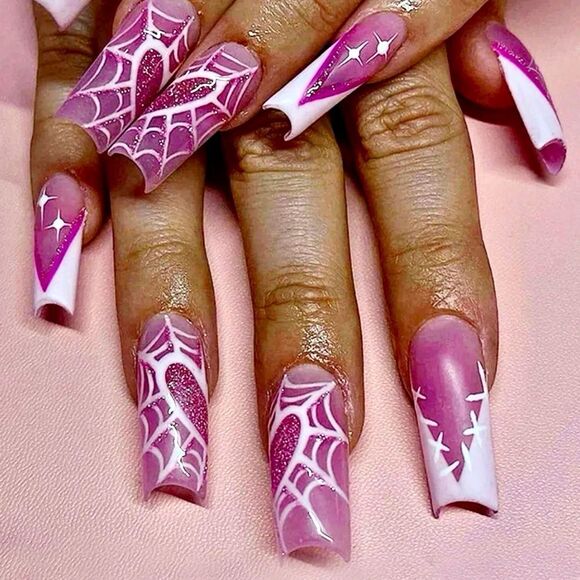24 Piece Pink Goth Glitter Barbie Halloween Spider Kawaii Coffin Shaped Nails - Picture 1 of 10